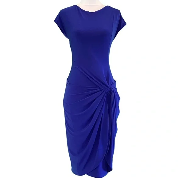 Lauren Ralph Lauren Cap Sleeve Boat Neck Draped Skirt Purple Jersey Dress Size 4 - Picture 2 of 7